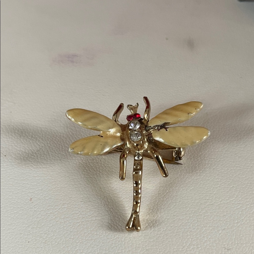 Source Unknown Gold and Red Dragonfly Brooch